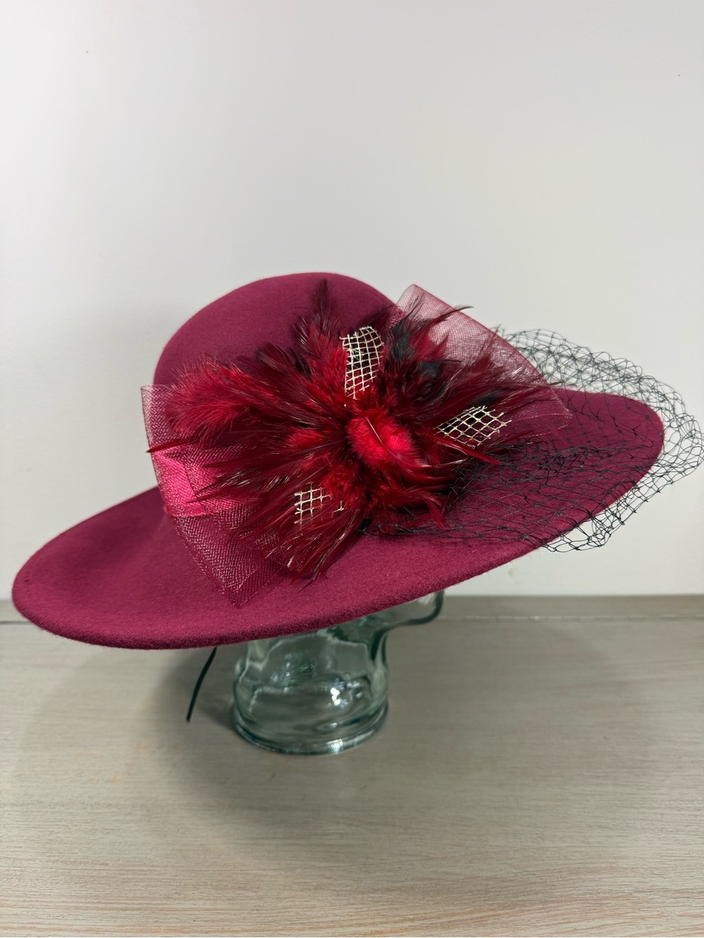 NWT Forbusite Wool Wide Brim Church Hat Burgundy Red Veil Feather Fascinator